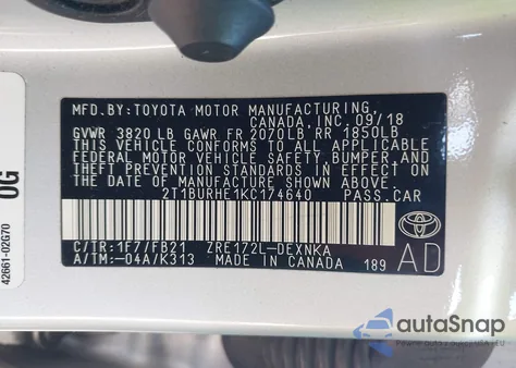 2019 Toyota Corolla Le from USA, damaged, VIN 2T1BURHE1KC174640